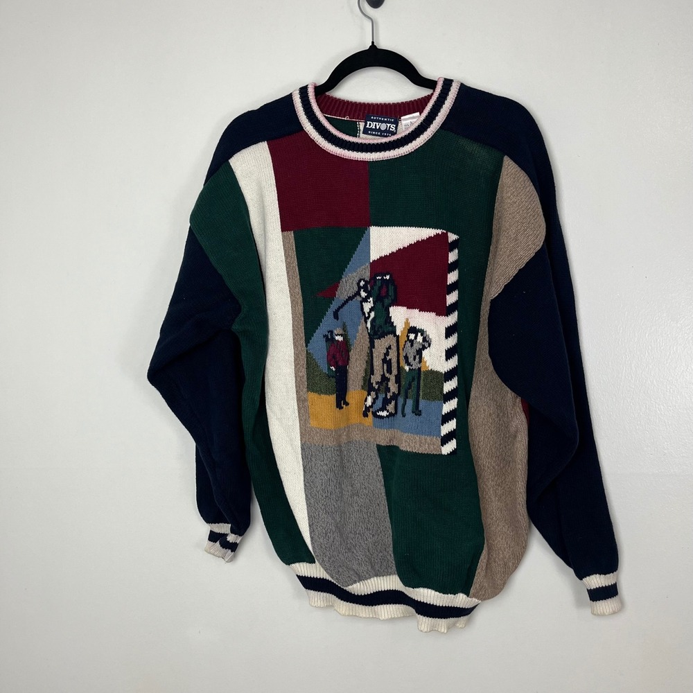 Novelty Golf Sweater Mens Large Multicolor Vintage‎ 90s Colorblock Cotton Knit